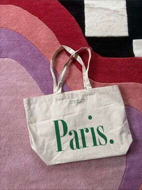 Sezane Brooklyn Paris Canvas Tote Bag in Natural with Green